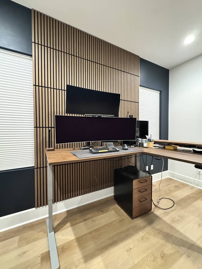 Wood-slat accent wall office