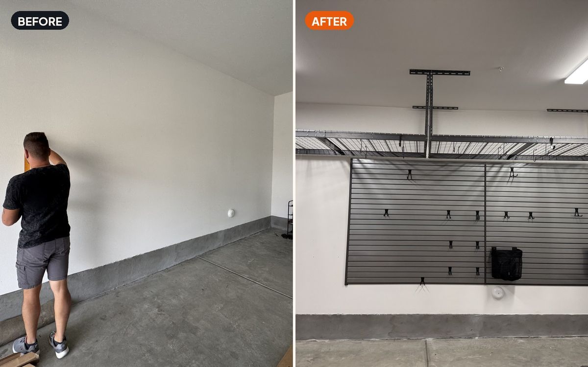Garage storage wall — before and after