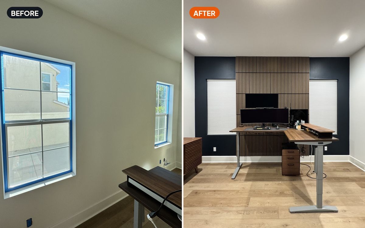 Slat wood accent wall — before and after