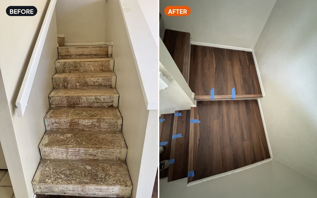 Carpet to hardwood stairs — before and after