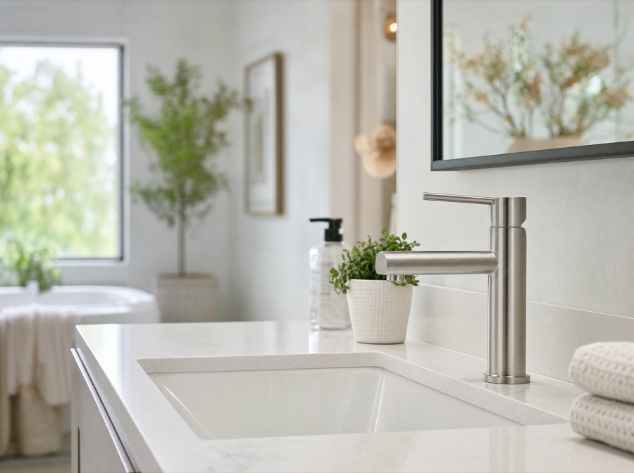 New faucet installed on a clean vanity